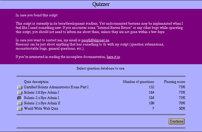 Main screen used to select quiz database